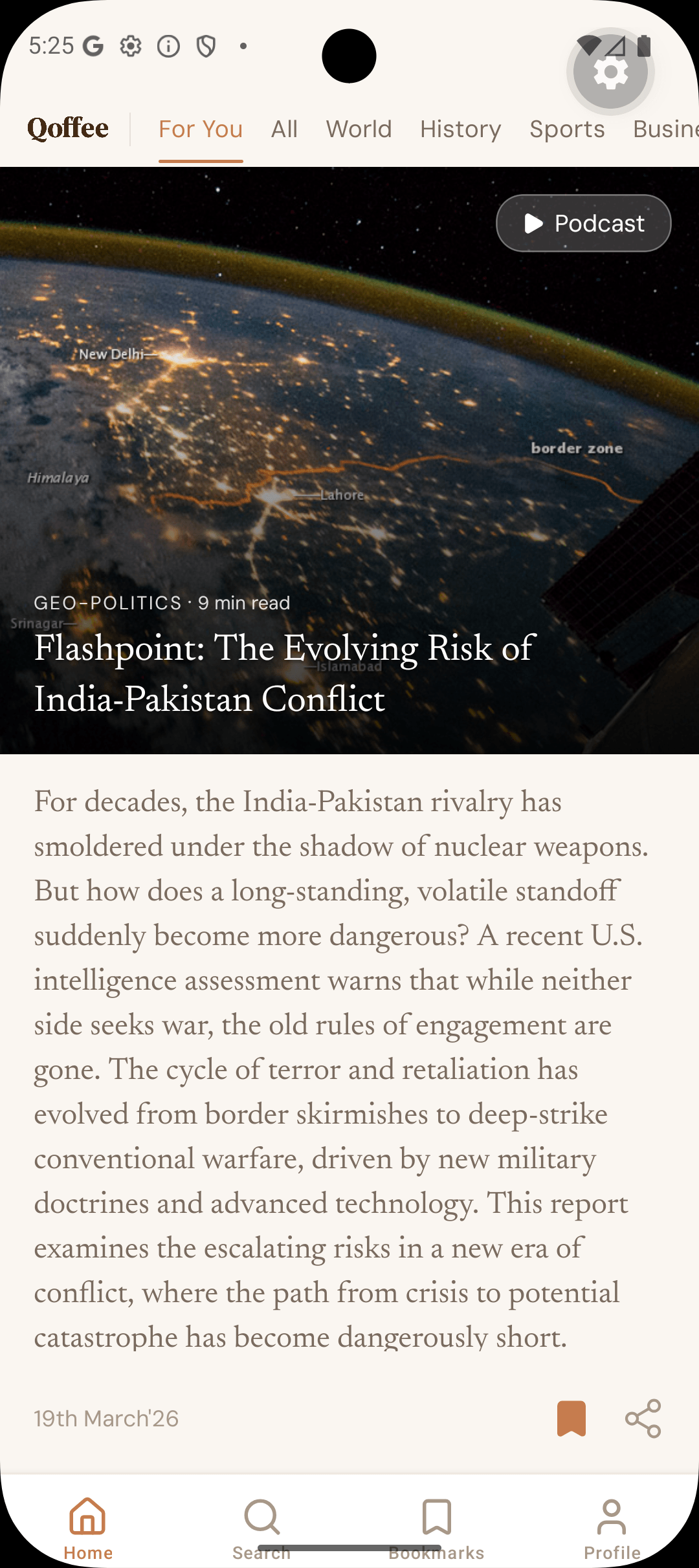 Qoffee home feed — AI-curated news articles